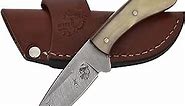 Knives Ranch Durable Handmade Damascus Steel Knife Full Tang Handy Knife - Arched Spine with Sheep Bone Handle and Fine Quality Horizontal Cowboy Crossdraw Sheath Snug Fit (4404-B)