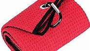 Mile High Life Tri-fold Golf Towel | Premium Microfiber Fabric | Waffle Pattern | with Heavy Duty Carabiner Clip | Red Golf Towel for Men and Women | 16”x21” (Red)