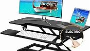 Aveyas [Electric] 32 inch Motorized Standing Desk Converter, Speed Plus Version Height Adjustable Ergonomic Sit to Stand Up Riser, Dual Monitor Lift Computer Workstation with Wide Keyboard Tray