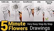 How To Draw 5 Flowers in Five Minute | Very Easy & Simple Drawing Step By Step | Art Video