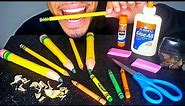 ASMR EDIBLE SCHOOL SUPPLIES *PRANK* EATING PENCILS GLUE NOTEBOOK PAPER MUKBANG 먹방 MOUTH SOUNDS