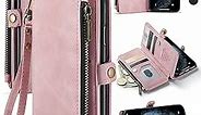 Defencase iPhone 11 Pro Wallet Case - Durable Leather, Magnetic Flip, Lanyard Strap, Zipper Card Holder, 5.8" - Rose Pink