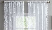 Pair of White Color 54” Wide x 84” Long Semi Sheer Lace Curtain Panels with Attached Matching Valances & 6 Tassels. Designer Drapes for Living Room, Kitchen or Bedroom. LUN 54” x 84” White