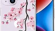 ENDIY iPhone 14 Plus Case Flower for Women Girls Girly Cute Phone Case Clear with Design, Compatible with iPhone 14 Plus Case Transparent Cool Kawaii Protective,Sakura Pink Peach Cherry Blossom