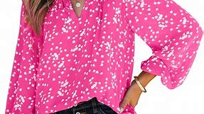 EVALESS Plus Size Tops for Women Dressy V Neck Puff Long Sleeve Casual Boho Floral Printed Chiffon Shirt Blouses Pink XL