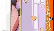 Likiyami (3in1 for Samsung Galaxy A12 Case Heart Women Girls Cute Girly Aesthetic Trendy Luxury Pretty with Loop Phone Cases Purple Lavender Plating Love Hearts Cover+Screen+Chain for A12