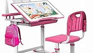 BELANITAS Kids Desk and Chair Set Multi Functional Study Table for Kids 6-12 Art Desk for Bedroom with Tiltable Desktop, Kids School Desk for Kids with Light, Children's Day Gift,Pink