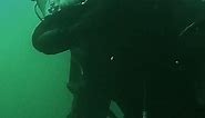 Diver wearing rubber viking drysuit and full face mask diving under the water.