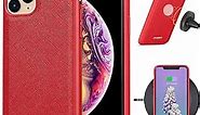 iPhone 11 Pro Max Case Fit Magnetic Car Mount & Wireless Charging, Premium PU Leather Phone Back Cover, Slim Full-Body Protective Hybrid Bumper for iPhone 11 Pro Max 6.5”, Red