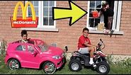 McDonald's Drive Thru Prank on Power Wheels, Kids Pretend Play | FamousTubeKIDS