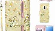 UEEBAI Wallet Case for Samsung Galaxy S9, PU Leather Phone Case Kickstand RFID Blocking Flip Case with Card Slots Wrist Strap Relief Engraved Pattern Magnetic Closure Folio Case - Yellow Daisy