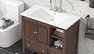 Merax 36 Inch Bathroom Vanity Cabinet with Ceramic Sink, Drawers and Doors, Adjustable Shelf, Solid Wood Frame, Modern Style, Brown