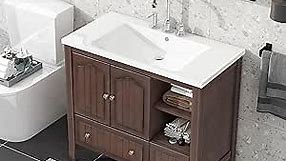 Merax 36 Inch Bathroom Vanity Cabinet with Ceramic Sink, Drawers and Doors, Adjustable Shelf, Solid Wood Frame, Modern Style, Brown