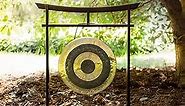 16" Gongs on Sacred Space Outdoor Stand - 16" Subatomic Gong. Includes Gong, Mallet, & Stand/Japanese Tori Gate Design/Traditional Chinese Bronze/For Meditation in Outdoor Spaces