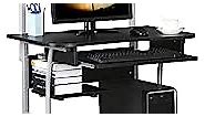 Yaheetech 3 Tiers Mobile Computer Desk with Printer Shelf & Keyboard Tray Rolling Computer Desk for Small Spaces, Compact Study Desk Workstation with Wheels, Space Saving, Black
