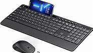 Wireless Keyboard and Mouse Combo, 2.4GHz Lag-Free Ergonomic Keyboard Full-Size with Phone Holder & 10 Independent Shortcuts, Silent Mouse with 4 DPI for Computer, Desktop, Laptop