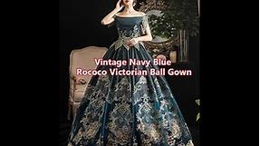 Navy Blue Velvet Rococo Victorian Ball Gown Short Sleeves Off the Shoulder Marie Antoinette Dress