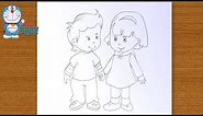drawing a children holding hands pencil sketch||step by step||outline art master