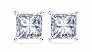 JeenMata 1 Carat Princess Cut Moissanite 4 Prong - Solitaire Stud Earrings - 18K White Gold Plating Over Silver