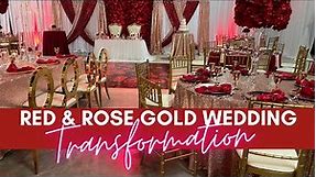 UNBELIEVABLE WEDDING TRANSFORMATION| RED AND ROSE GOLD WEDDING| FULL ROOM BACKDROP