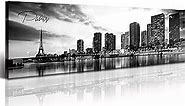 DJSYLIFE Paris Eiffel Tower Skyline Wall Art Black and White Modern City Night View Panoramic Cityscape Picture Paintings Canvas Prints Office Room Home Decoration Artwork Framed 13.8"X47.3"
