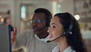 Call center, manager and training woman at computer for telemarketing, customer service