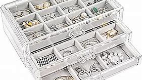 ProCase Earring Holder Organizer Jewelry Box with 3 Drawers, Acrylic Clear Earring Case with Adjustable Velvet Trays for Women - Grey, 3 Layers