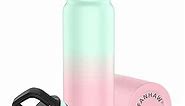 Fanhaw 20 Oz Insulated Stainless Steel Water Bottle with 2 Lids - Leak & Sweat Proof with Anti-Dust Lid (Green Pink)