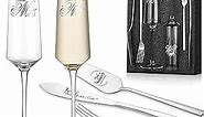 Wedding Cake Knife and Server Set, Mr and Mrs Champagne Flutes, Cake Cutting Set for Wedding with Forks, Bridal Shower Gifts Wedding Anniversary Engagement Gifts for Bride and Groom