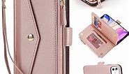 YuHii for iPhone 11 Case with Card Holder iPhone 11 Wallet Case for Women iPhone 11 Phone Case Leather Flip Folio Magnetic Zipper Cover with Credit Holder-Rose Gold