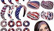 Jexine 12 Pcs Patriotic Headband American Flag Hairband 4th of July Red Blue Twisted Hair Warps Memorial Day Bow Knotted Headband with 12 Elastic Hair Scrunchies for Independence Day Women Girls