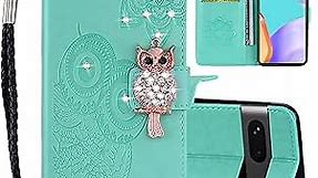 Compatible with Google Pixel 7 Flip Case for Women,Glitter Cute Owl Rhinestone Pu Leather Wallet with Cards Slot Cash Pockets Case for Google Pixel 7 6.3'' MTY-Green