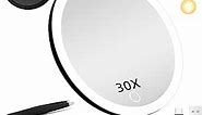 30X Magnifying Mirror with Lights, Large 6'' Magnifying Makeup Mirror with Lights, 3 Suction Cups & Adjustable Stand, Lighted Makeup Mirror with Magnification 30x Travel Magnifying Mirror for Bathroom