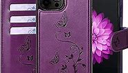 WaterFox iPhone 14 Pro Max Wallet Case with 4 Card Holder for Women, Detachable Cover Flip Folio PU Leather Wrist Strap Removable Magnetic Kickstand with Floral Flower Design for Girls - Purple