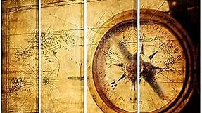 Nautical Wall Art Navigation Painting Overall Size 32x48 Inch Vintage World Map Canvas Prints Home Decor Antique Brass Sailing Compass Picture Framed Adventure Ocean Map Poster Retro