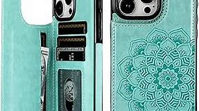 Vaburs Compatible with iPhone 15 Pro Max Case Wallet with Card Holder, Embossed Mandala Pattern Flower PU Leather Double Buttons Flip Shockproof Cover for Magnetic Car Mount 6.7 Inch (Green)
