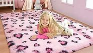Bedroom Rug 4x6 Area Rug for Living Room Kids Room Classroom Fluffy Rug Pink Fuzzy Nusery Rug for Girls Boys Modern Faux Fur Rugs Washable Carpets, Leopard Print