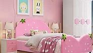 Costzon Twin Bed Frames for Kids, Wood Upholstered Twin Bed Platform with Slat Support, Padded Headboard&Footboard, No Box Spring Needed, Easy Assembly, Fits Standard Twin Mattress (Strawberry)