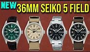 New 36mm Seiko 5 Sports Automatic Mid Size Field Watches SRPJ81, SRPJ83, SRPJ85, SRPJ87, and SRPJ89