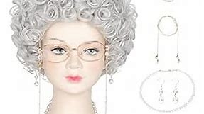 Miss U Hair Child Kids 100 Days of School Wig Set Old Lady Costume Wig Short Curly Silver Wig Granny Costumes Halloween