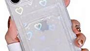 Yeddabox Compatible for iPhone X Case, iPhone Xs Case with Card Holder, Heart Cute Clear Laser Holographic Glitter Bling Soft TPU Shockproof Wallet Cover for Women Girls Love Pattern Design Case
