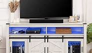 WAMPAT TV Stand for 65+ Inch TVs, 31" Tall Highboy Farmhouse Entertainment Center with Mesh & Sliding Barn Doors, Wood Media Console with Soundbar & Adjustable Shelf, Blue LED Lights, Antique White