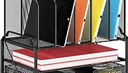 Mesh Desk File Organizer, Office Supplies Desktop Storage with Sliding Drawer, Double Tray and 5 Upright Section Sorter Organizer, Black