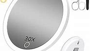 Magnifying Mirror with Light 30X, Large 6" Rechargeable 3 Colors Modes Dimming Lighted Makeup Mirror with 30X Magnification, LED Travel Magnified Mirror with 3 Suction Cups and 360° Table Stand