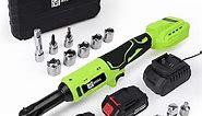 MTZUL Upgraded 4" Extended Electric Ratchet Wrench Set, 3/8" Cordless Ratchet Tool, 20V Rechargeable Battery Ratchet, 60N·m, 45 Ft-lbs, 400 RPM, 2 x 2.0 Ah Batteries, 1/4" Adapter