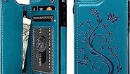 SUPWALL Compatible with iPhone 7 Card Holder Case, iPhone 8 Wallet Case Embossed Butterfly Slim Folio Leather Cover Shockproof Shell with Credit Card Slot Protective Skin for iPhone 7 & 8,Blue
