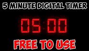 5 MINUTE RED DIGITAL TIMER | Free to use | BLACK SCREEN