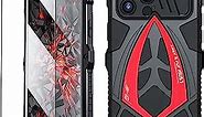 KumWum Armor Phone Case for iPhone 14 Pro Military Grade Cover 360 Full Protection Heavy Duty Hybrid Metal Bumper Built-in Silicone Shockproof with Screen Protector - Black + Red