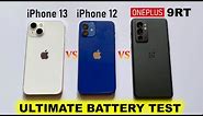 iPhone 13 vs iPhone 12 vs OnePlus 9RT Battery Drain Test🔋| Shocking Results🔥! (HINDI)