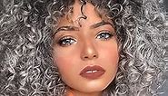 AISI QUEENS Afro Short Curly Gray Wigs for Black Women Kinky Ombre Grey Wig With Bangs Heat Resistant Synthetic Hair for Daily Use (Ombre Grey)